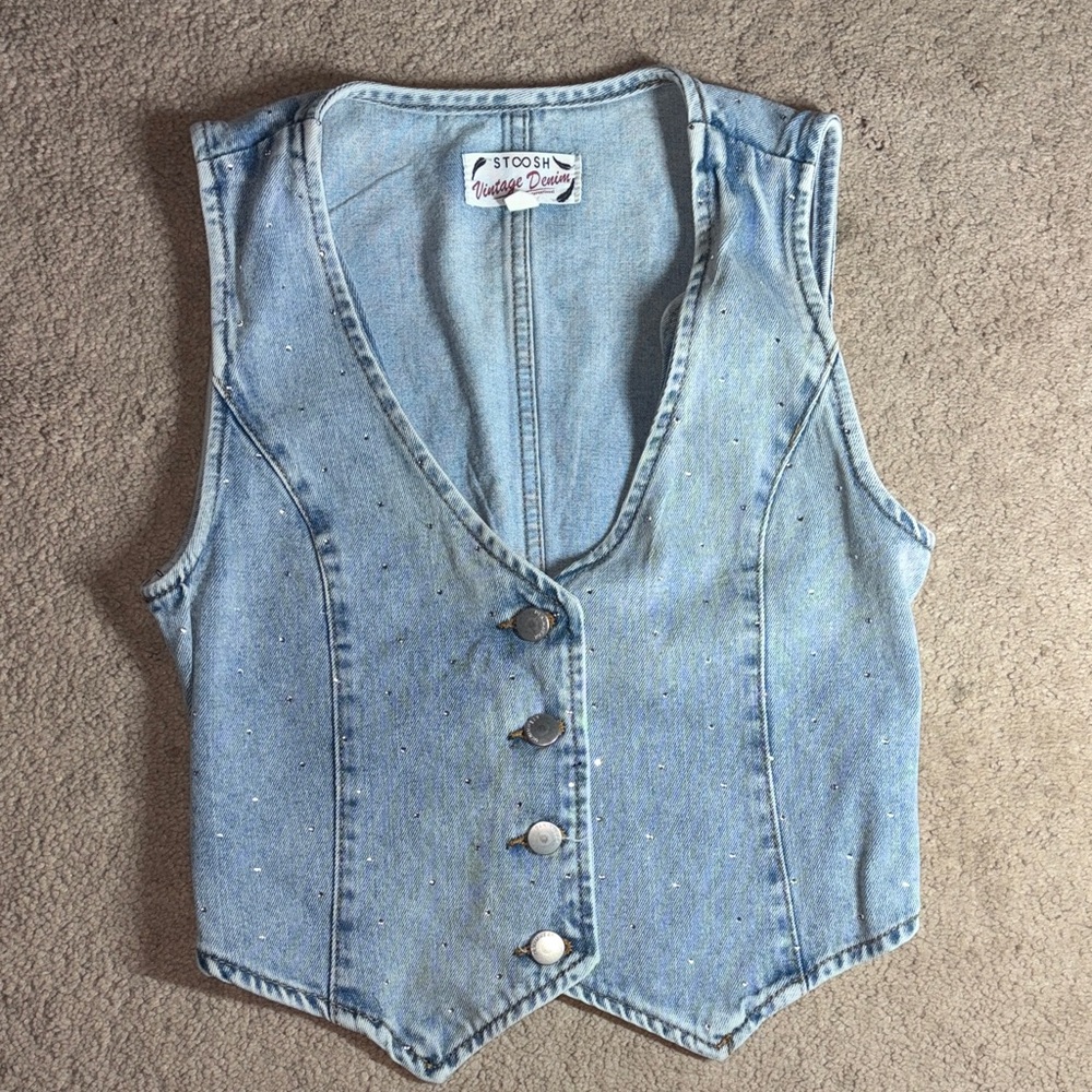 Denim Rhinestone Buttoned Vest